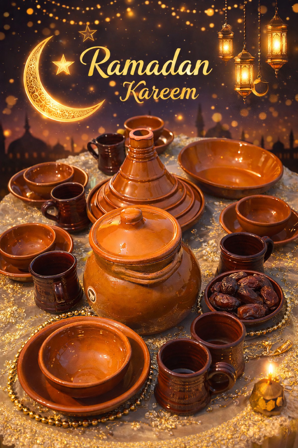 باك فخار  متكامل فيه 21 قطعة، مصنوع من فخار بلادنا  عالي الجودة،  RAMADAN